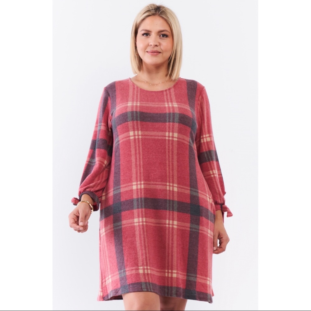 SOLD❤️Gilli Retro Dusty Red Plaid Relaxed Soft Mini Dress - Picture 2 of 6